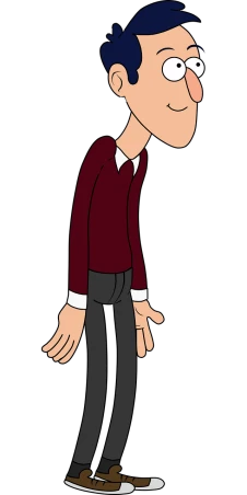 a cartoon man in a red sweater and black pants, a cartoon, inspired by Richard Pionk, digital art, slender nose, default pose neutral expression, animated episode still, sleek hands