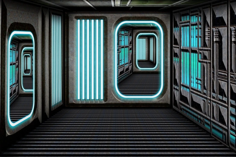 a room that has some neon lights in it, a digital rendering, retrofuturism, isolated space station in space, theater access corridor, futuristic star wars vibe, an escape room in a small