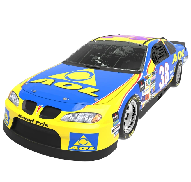 a blue and yellow race car on a black background, a digital rendering, flickr, dale earnhardt jr, in-game 3d model, aaa graphics, lou romano color scheme