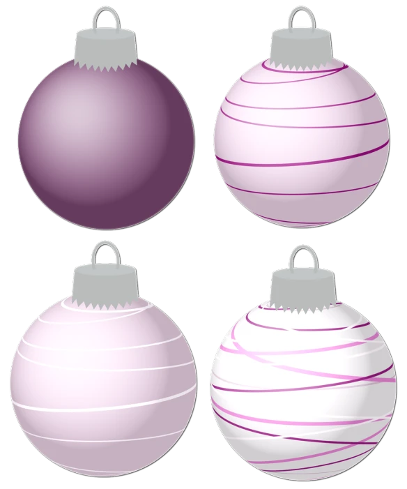 a set of four christmas ornaments on a black background, a digital rendering, inspired by Masamitsu Ōta, in long pink or violet dresses, simple illustration, rendered illustration, striped