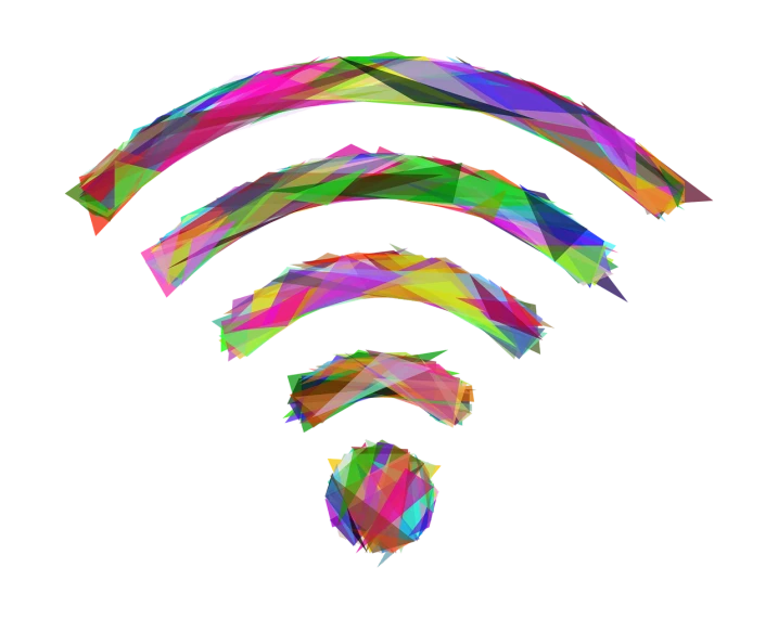 a colorful wifi icon on a black background, an illustration of, by Mirko Rački, net art, low polygons illustration, closeup photo, databending, broken antenna