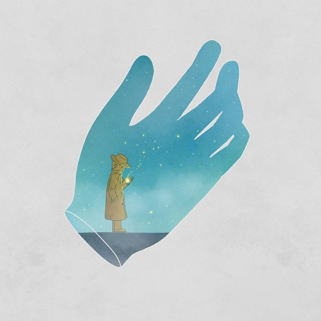 a person that is holding something in their hand, inspired by Jakub Schikaneder, conceptual art, the little prince, hamsa hand, atey ghailan and steve mccurry, without text