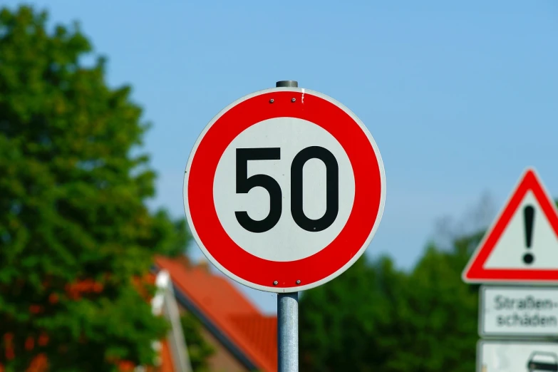 a close up of a street sign with trees in the background, a photo, pixabay, 50 years old men, light speed, -step 50, 1 0 0 m