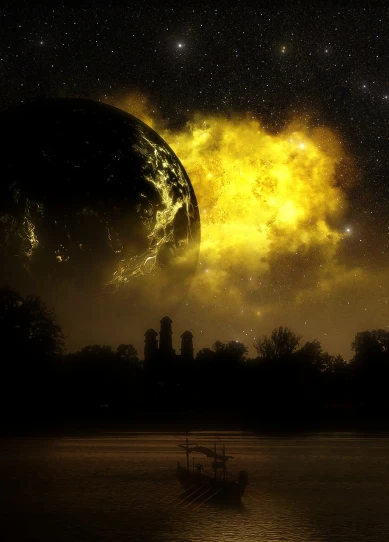 a boat floating on top of a body of water, a matte painting, space art, black and yellow colors, very beautiful photo, apocalyptic spherical explosion, nightime village background
