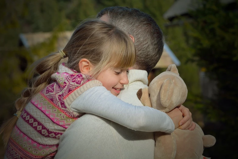 a little girl hugging a man with a teddy bear, pixabay, screengrab, dad energy, stock photo, turnaround