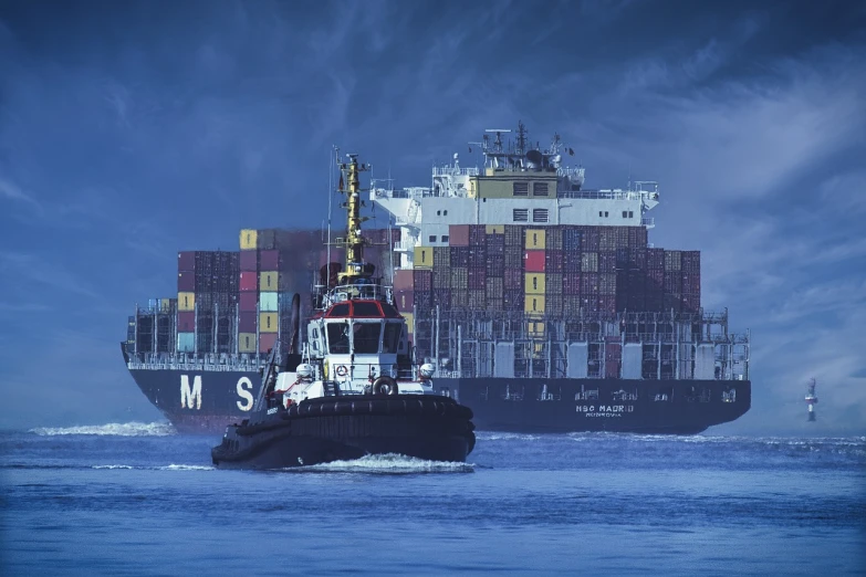 a tug boat in the water with a large container ship in the background, by Sam Black, pixabay, modernism, monogram, wallpaper - 1 0 2 4, bustling, shipping containers