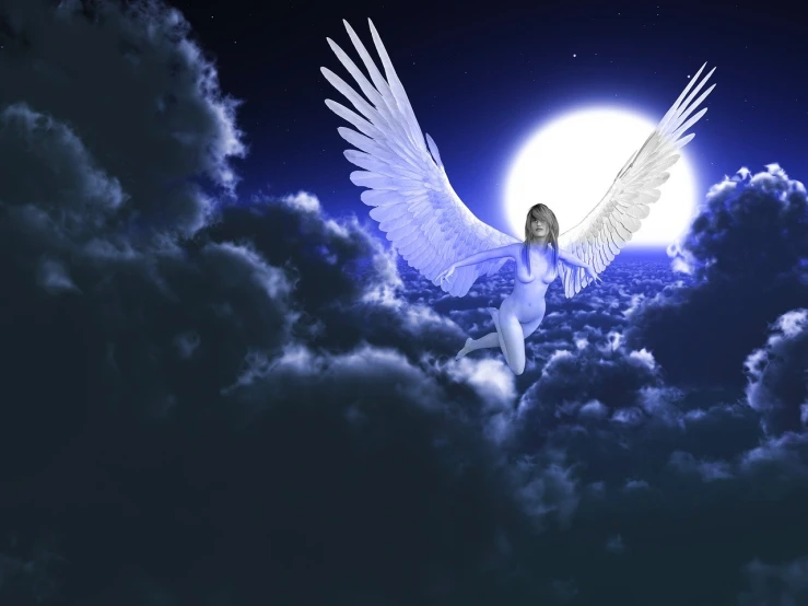 an angel in the sky with a full moon in the background, digital art, wide shot photo, dramatic white and blue lighting, high definition screenshot, high res photo