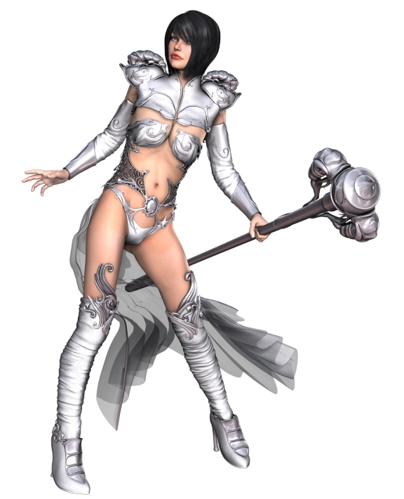 a woman dressed in silver holding a sword, by senior character artist, zbrush central contest winner, fantasy art, 3 d white shiny thick, sorceress woman, bikini armor female knight, black - haired mage
