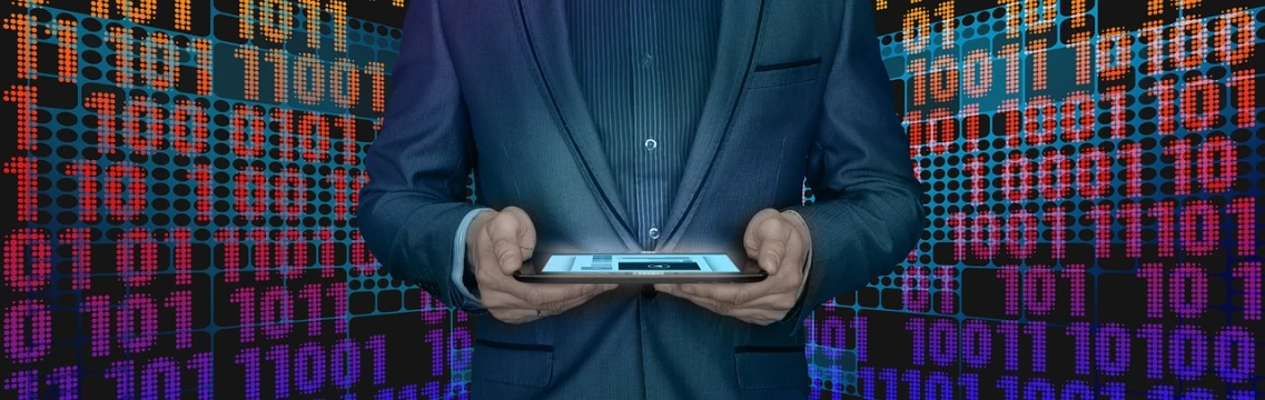 a man in a suit holding a smart phone, a digital rendering, by Matija Jama, pixabay, digital art, holding glowing laptop computer, hi-tech details, took on ipad, panels