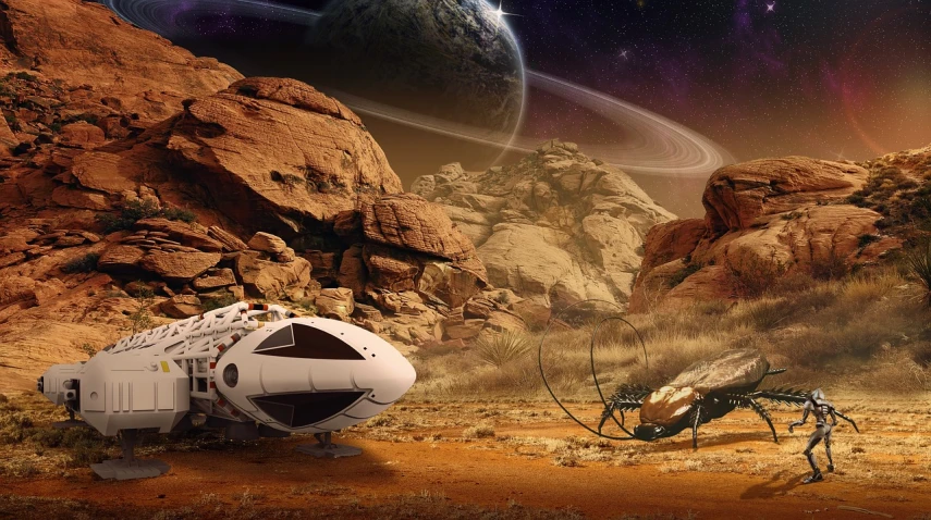 an artist's rendering of a space station in the desert, cg society contest winner, afrofuturism, vehicle concept photo!!, crashed ufo, portrait shot, composition of and futuristic