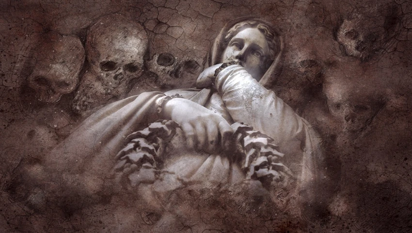 a statue of a woman holding a baby, inspired by Gustave Dore, shutterstock, gothic art, skull liminal void background, with damaged rusty arms, leonardo davinci detail, enveloped in ghosts