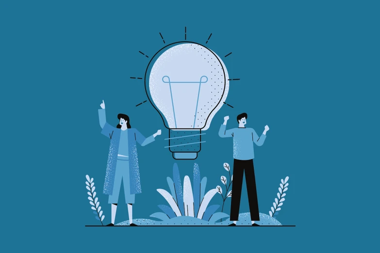 a group of people standing around a light bulb, an illustration of, conceptual art, cold blue light, flat 2 d design, lowres, girl creates something great