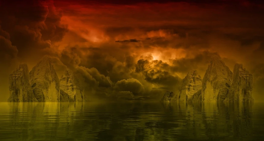 a large body of water under a cloudy sky, a matte painting, inspired by Frederic Church, pixabay contest winner, romanticism, orange fog, skull island, high quality fantasy stock photo, dark oranges reds and yellows