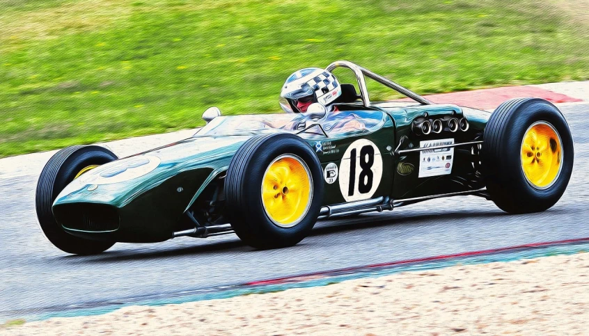 a man driving a green race car on a track, by Dave Melvin, flickr, purism, nostalgic 8k, motor sport photography, banner, lotus