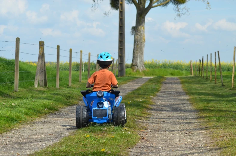 a young boy riding an atv down a dirt road, by Frederik Vermehren, pixabay, profile picture 1024px, electric, toy photo, 1811