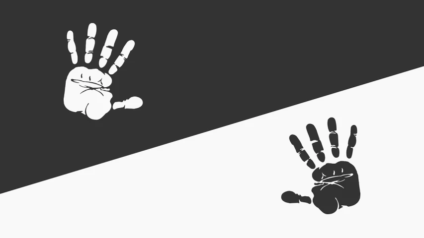 a black and white picture of a hand print, trending on pixabay, conceptual art, half and half, on a flat color black background, banner, funny illustration