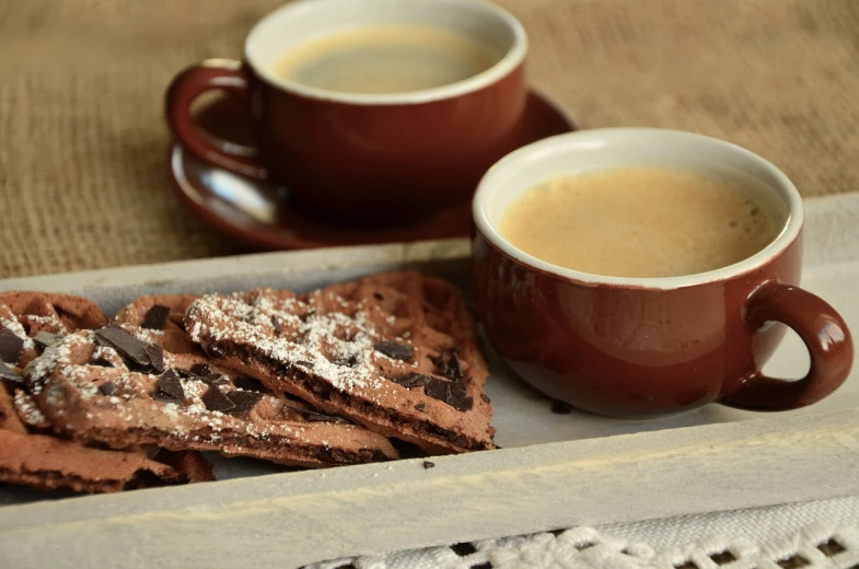 a plate topped with crackers next to a cup of coffee, a pastel, pexels, dau-al-set, stroopwaffel, chocolate. rugged, square, brown colors