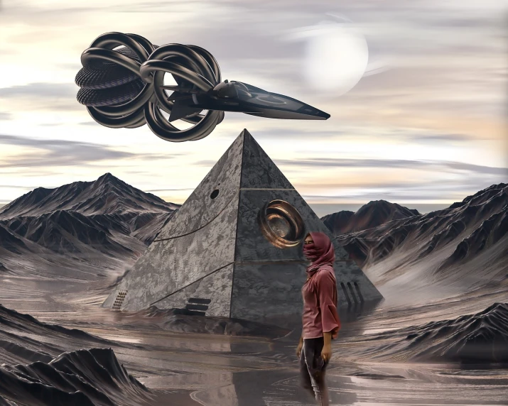 a man standing in front of a pyramid, concept art, by Jeffrey Smith, cg society contest winner, afrofuturism, of a ufo propulsion system, surreal collage, infinity time loop, badass composition