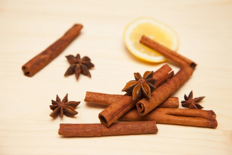 cinnamon, anise, lemon and star anise on a table, a picture, by Anna Haifisch, antipodeans, tiny sticks, avatar image, 3 4 5 3 1, qiangshu