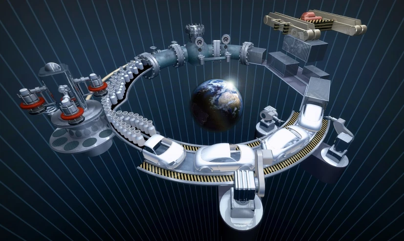 an artist's rendering of a futuristic space station, inspired by Rube Goldberg, hollow earth infographic, conveyor belts, incredible isometric screenshot, delorean background
