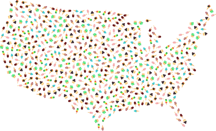 a map of the united states made up of colored confetti confetti confetti confetti confetti confetti, a digital rendering, by Allen Jones, tumblr, ice cream cones, huge ladybug motherships, on black background, anthropomorphic edible piechart