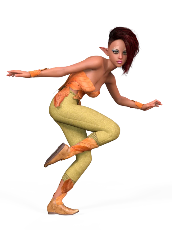 a close up of a person on a skateboard, a digital rendering, inspired by Daphne Allen, zbrush central contest winner, arabesque, beautiful adult fairy, dynamic pose full body, orange and yellow costume, very beautiful elven top model