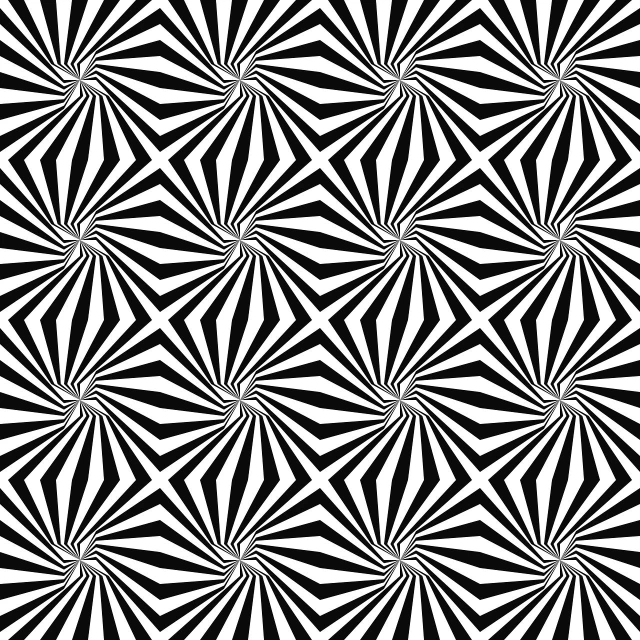 a black and white geometric pattern, inspired by Bridget Riley, pixabay contest winner, optical illusion, turbines, marijuana asymmetrical, wikimedia commons, light rays