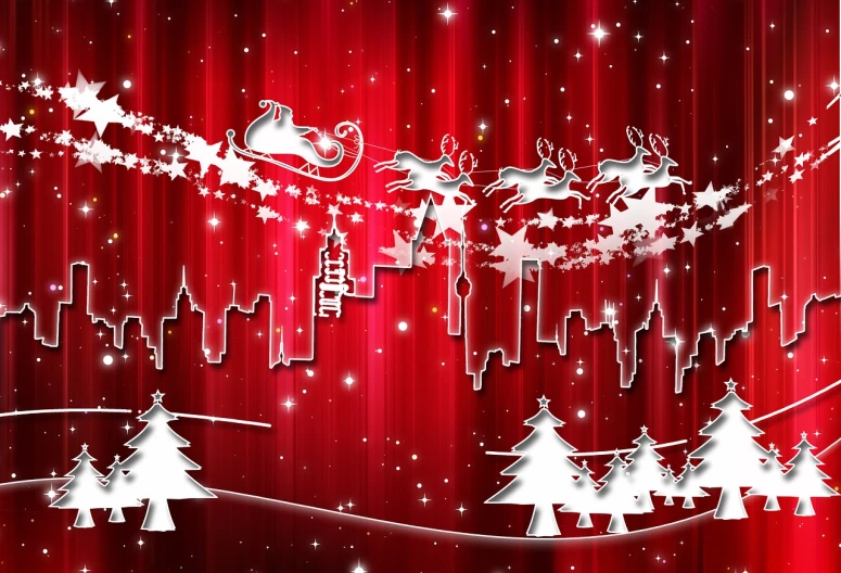 a christmas scene with santa's sleigh flying over the city, a picture, digital art, red wallpaper design, red and white, iphone capture, group photo