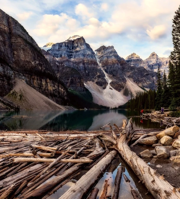 a group of logs sitting on top of a lake, by George Abe, pexels contest winner, naturalism, spectacular rocky mountains, canyon background, toronto, ultra hd wallpaper