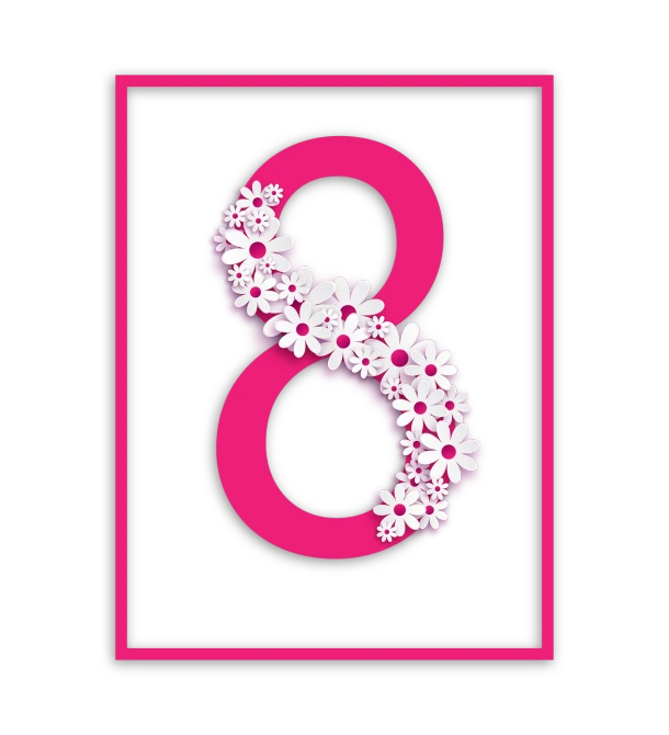 a number eight with flowers on a black background, a screenshot, inspired by Hirosada II, magenta and gray, white outline border, numerology, a tall