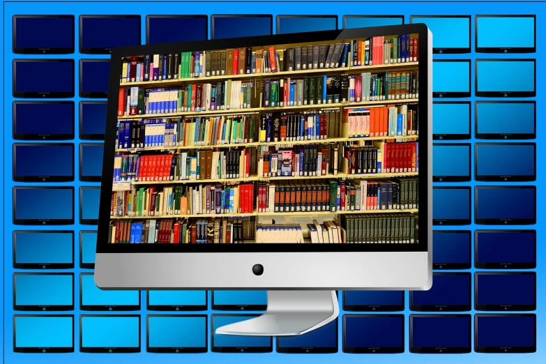 a computer monitor sitting on top of a desk, by Douglas Shuler, pixabay, computer art, wall to wall bookcases, blue - ray screenshot, shelves filled with tomes, stock photo