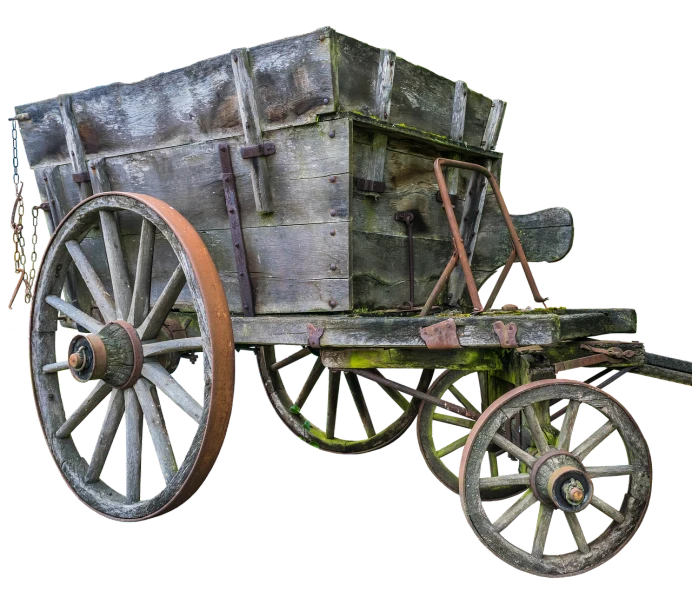 an old wooden wagon sitting on top of a wooden floor, a digital rendering, by Arnie Swekel, pixabay contest winner, assemblage, on black background, mule, moldy, high res photograph