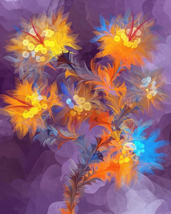 a painting of a bunch of flowers on a purple background, a digital painting, by Marie Bashkirtseff, psychedelic art, fractal feathers, orange and purple color scheme, beautiful art uhd 4 k, flowers. baroque elements