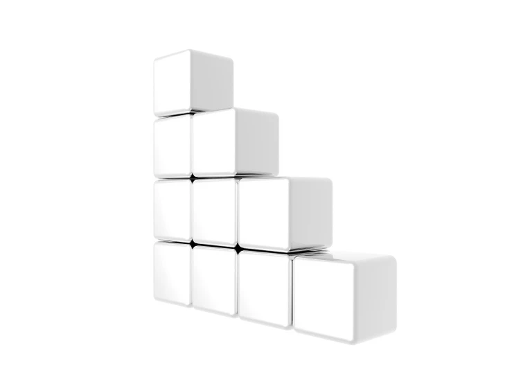 a bunch of white cubes stacked on top of each other, glossy shiny reflective, 12, white finish, wall ]