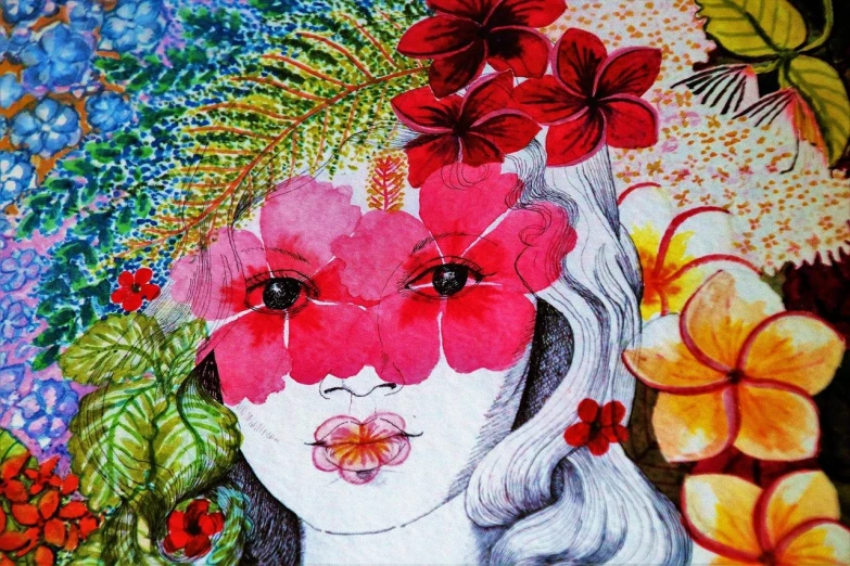 a painting of a woman with flowers in her hair, a watercolor painting, inspired by Naomi Okubo, mail art, hibiscus, detailed face with mask, closeup - view, (tropicalism)