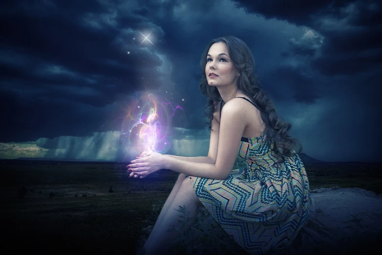 a woman sitting on a rock holding a magic wand, digital art, pixabay contest winner, she is attracting lightnings, gorgeous lady, purple magic, edited in photoshop
