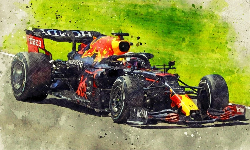 a painting of a red bull racing car, pexels, photoshopped, injured, taken on iphone 14 pro, water colour