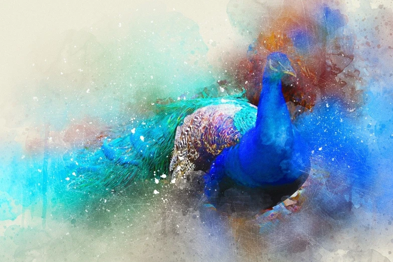 a painting of a peacock with a blue tail, digital art, inspired by Fernand Verhaegen, shutterstock contest winner, digital art, magical sparkling colored dust, mixed media style illustration, philosophical splashes of colors, blurred and dreamy illustration