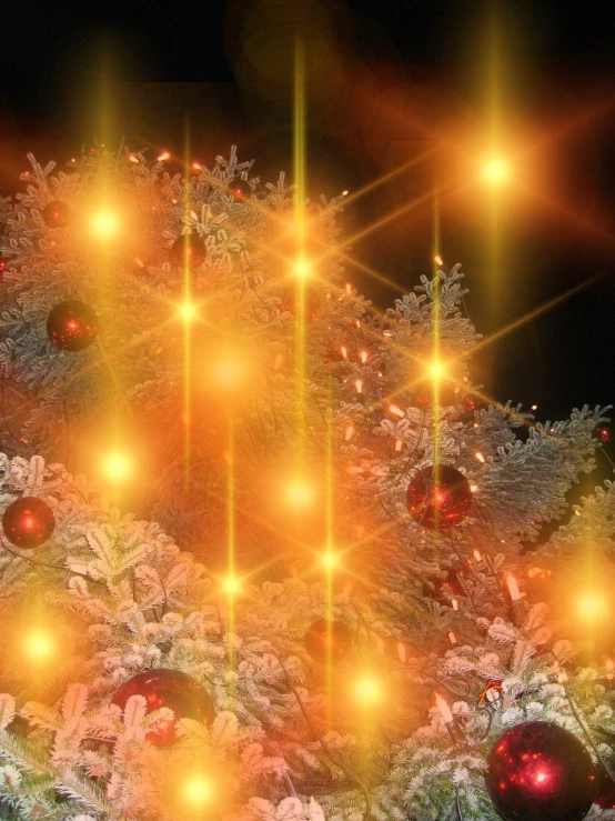 a close up of a christmas tree with lights, digital art, by Aleksander Gierymski, digital art, yellow radiant magic, twinkling stars, video still, background image