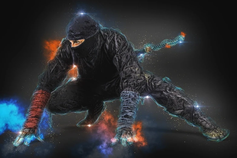 a close up of a person on a skateboard, inspired by Zhu Da, trending on zbrush central, digital art, fractal cyborg ninja background, fighter pose, black fire color reflected armor, cosmic energy wires