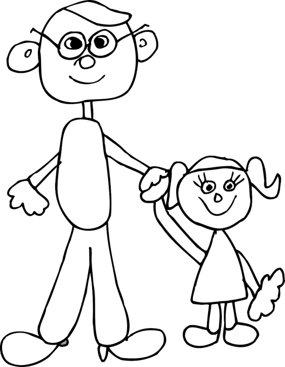 a man holding the hand of a little girl, inspired by Stan and Jan Berenstain, black and white line art, tall and lanky skinny, perfect android girl family, ms paint drawing