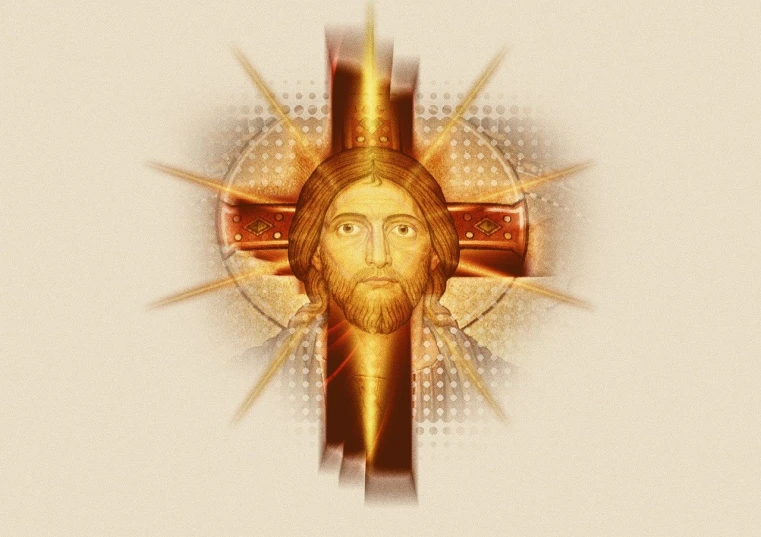 a cross with a face of jesus on it, a digital rendering, by Aleksander Gierymski, art deco, soft illumination, digitally enhanced, album, symmetrical illustration