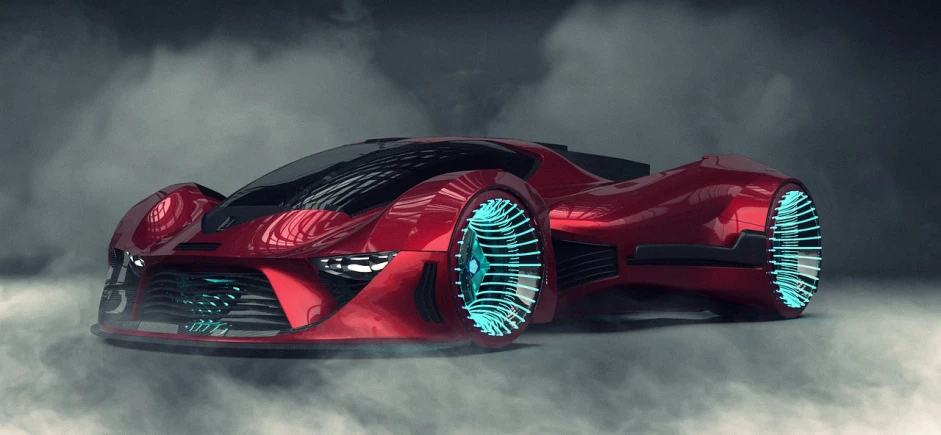 a red sports car sitting on top of a fog covered ground, concept art, retrofuturism, red and cyan, dark futuristic, chiron, futuristic motorcycle