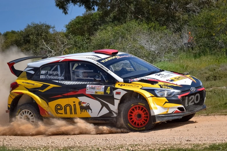 a rally car driving on a dirt road, black and yellow and red scheme, tamborine, background : diego fazio, jinyiwei