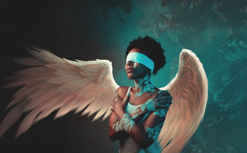 an image of a woman with angel wings, by Cyril Rolando, afrofuturism, blindfold, lita cabellut, from kehinde wiley, album cover concept art