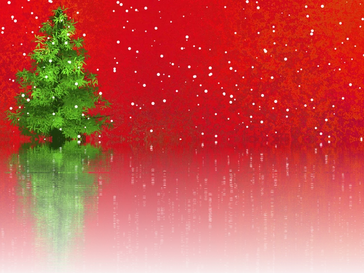 a christmas tree in front of a red background, a digital rendering, inspired by Peter Doig, digital art, shiny gloss water reflections, snowfall, wide shot photo, high res photo