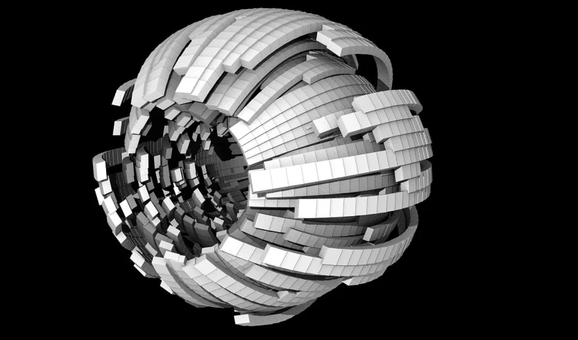 a black and white photo of a circular object, an ambient occlusion render, inspired by János Nagy Balogh, reddit, digital art, background of digital greebles, borg cube, big weird spaceship, ball shaped accordion sleeve