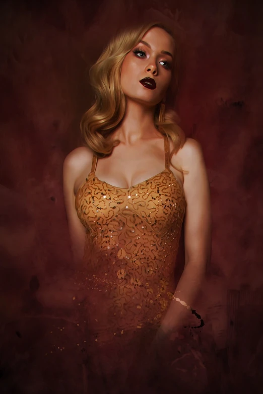 a woman in a gold dress posing for a picture, a digital painting, inspired by Vincent Lefevre, natalie dormer, thick dust and red tones, portrait of kim petras, tom bagshaw style