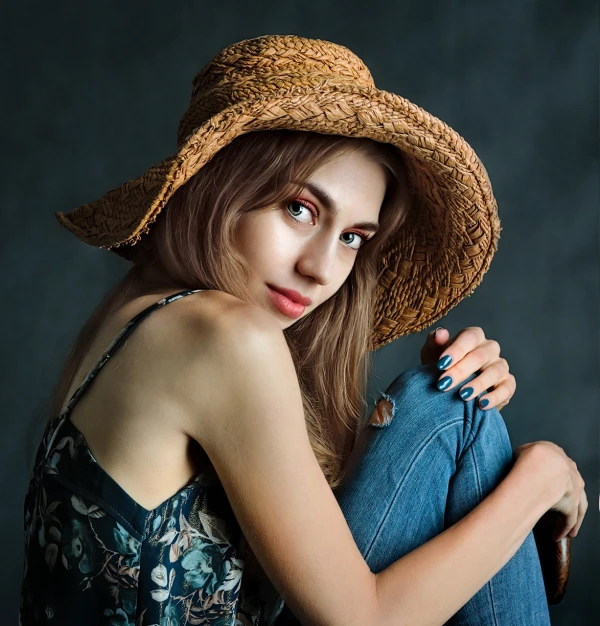 a beautiful young woman wearing a straw hat, a portrait, by Ivan Grohar, art photography, fine detail post processing, casual pose, beautiful portrait image, woman is sitting