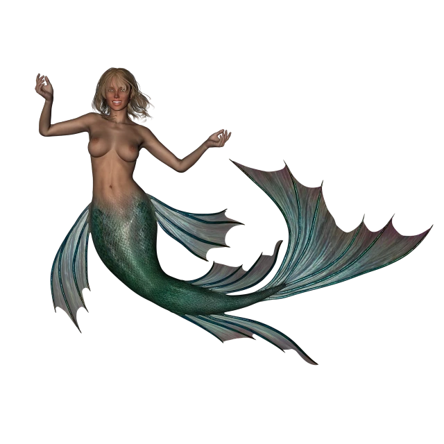 a woman that is in the air with a mermaid tail, a raytraced image, on black background, fake 3d meshes!!, pierced, swift